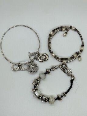 Silver-Tone Women's Charm Bracelet Trio with Faux Pearls and Beads